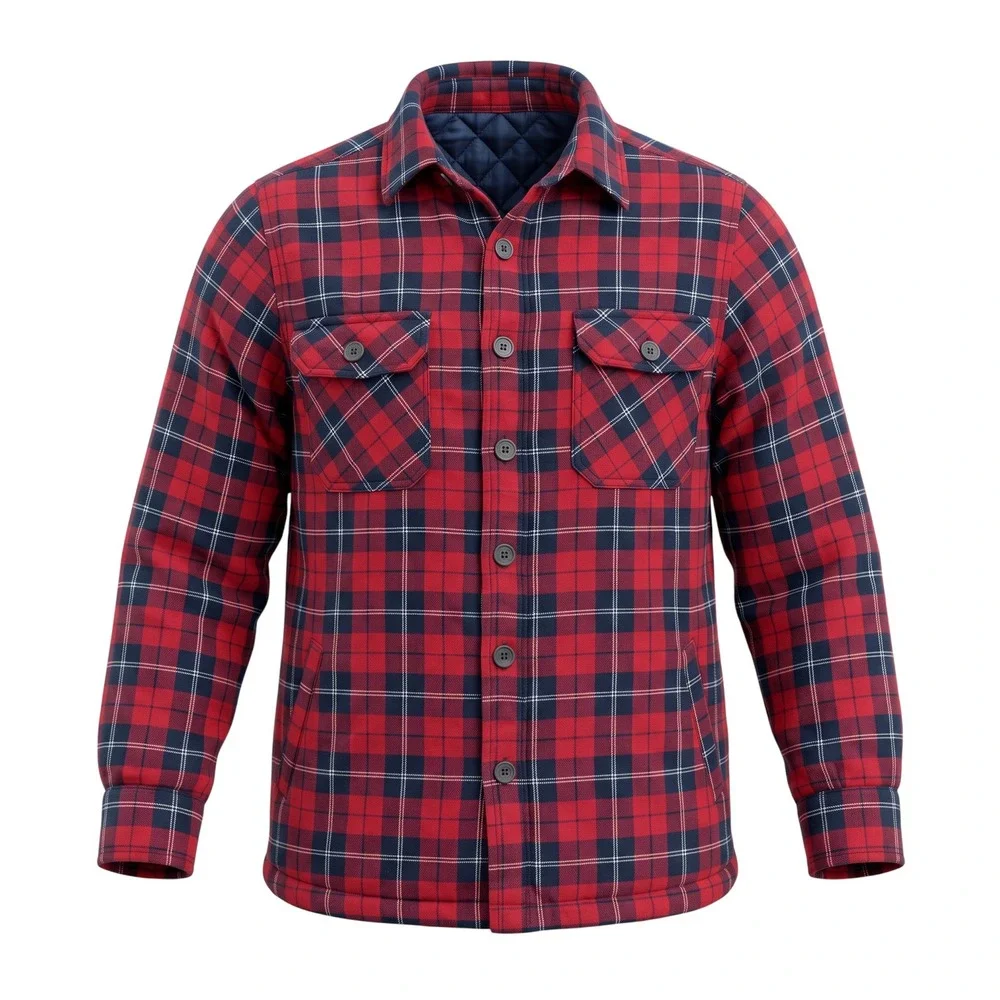 Club Room Mens Shirt Jacket XL Red Blue Plaid Quilted Lined Flannel Cotton Blend